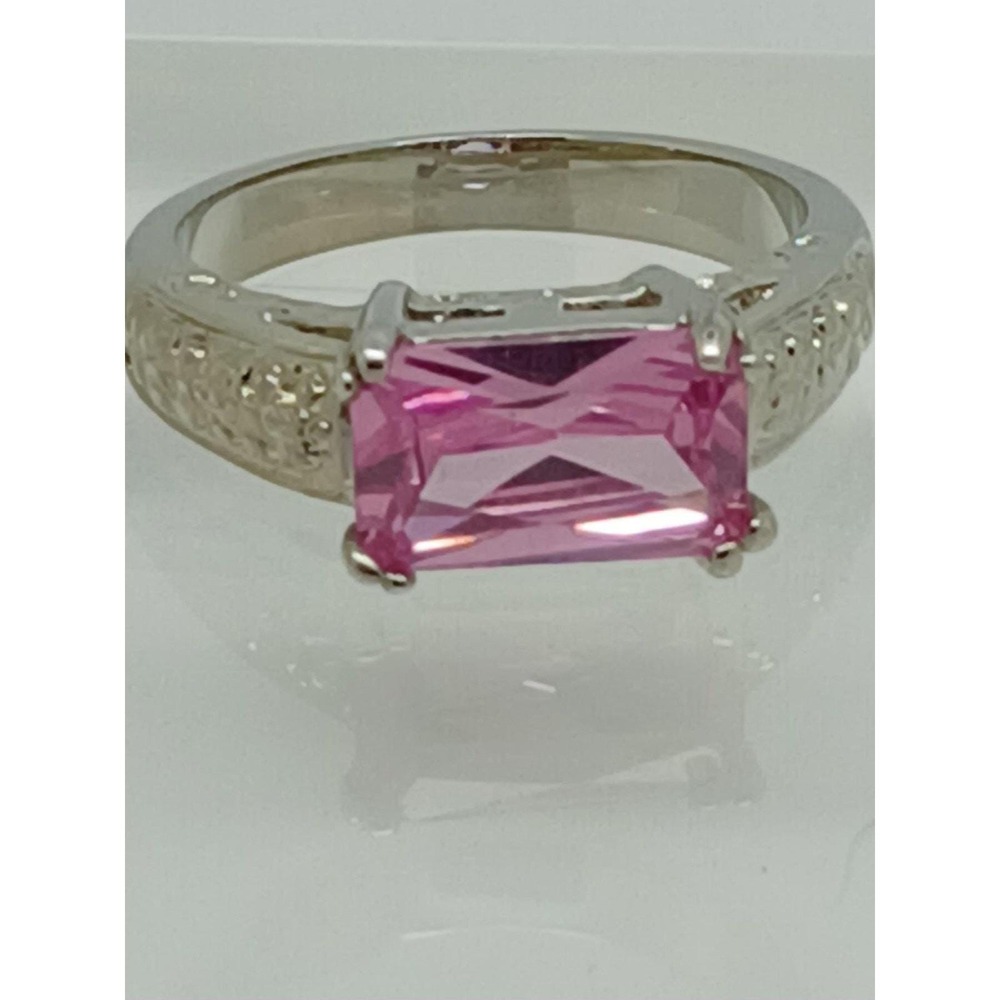 Pink Radiant Cut Solitaire Statement Ring Silver Tone Filigree Band Size 10 3ct